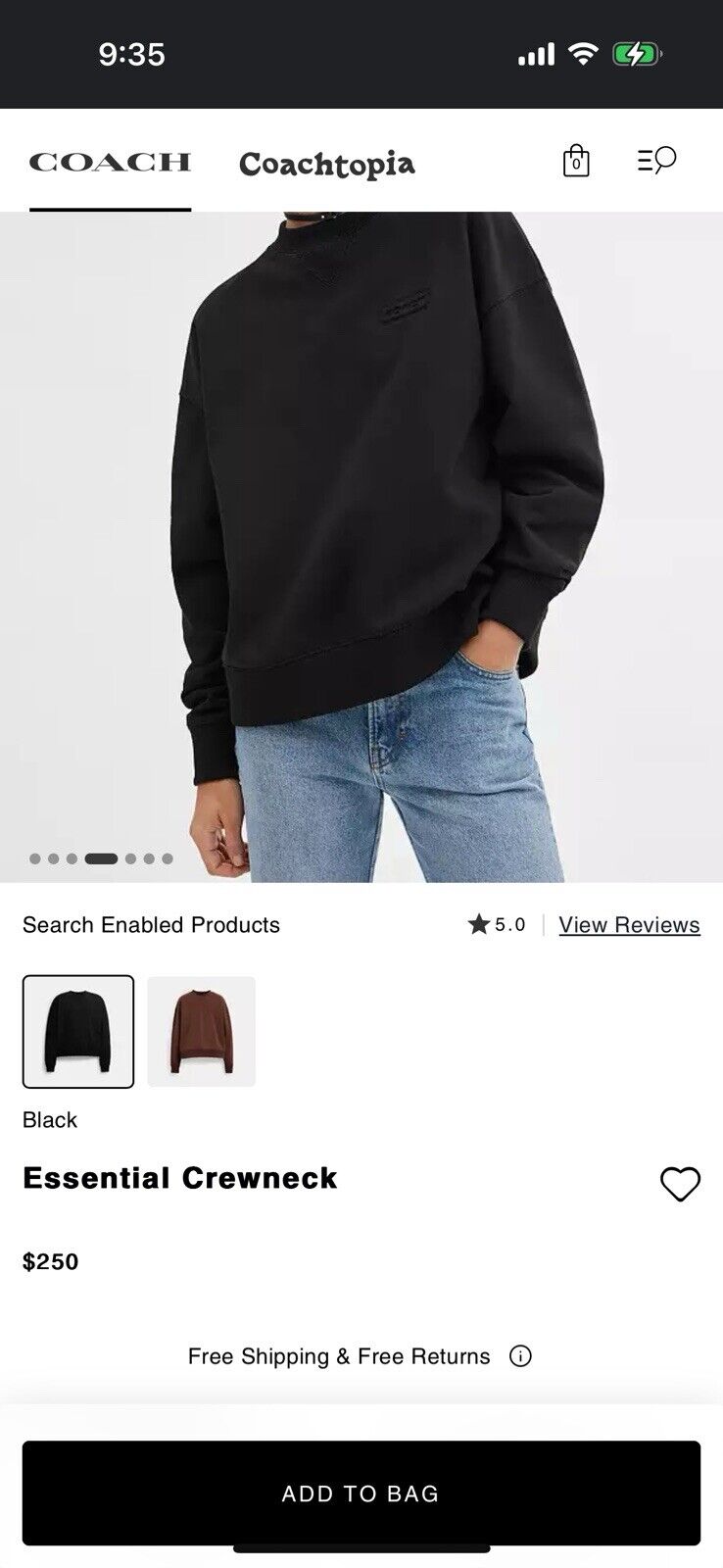 Designer COACH Essential Crew Neck Sweater Classic Heritage Black Size L ($250)