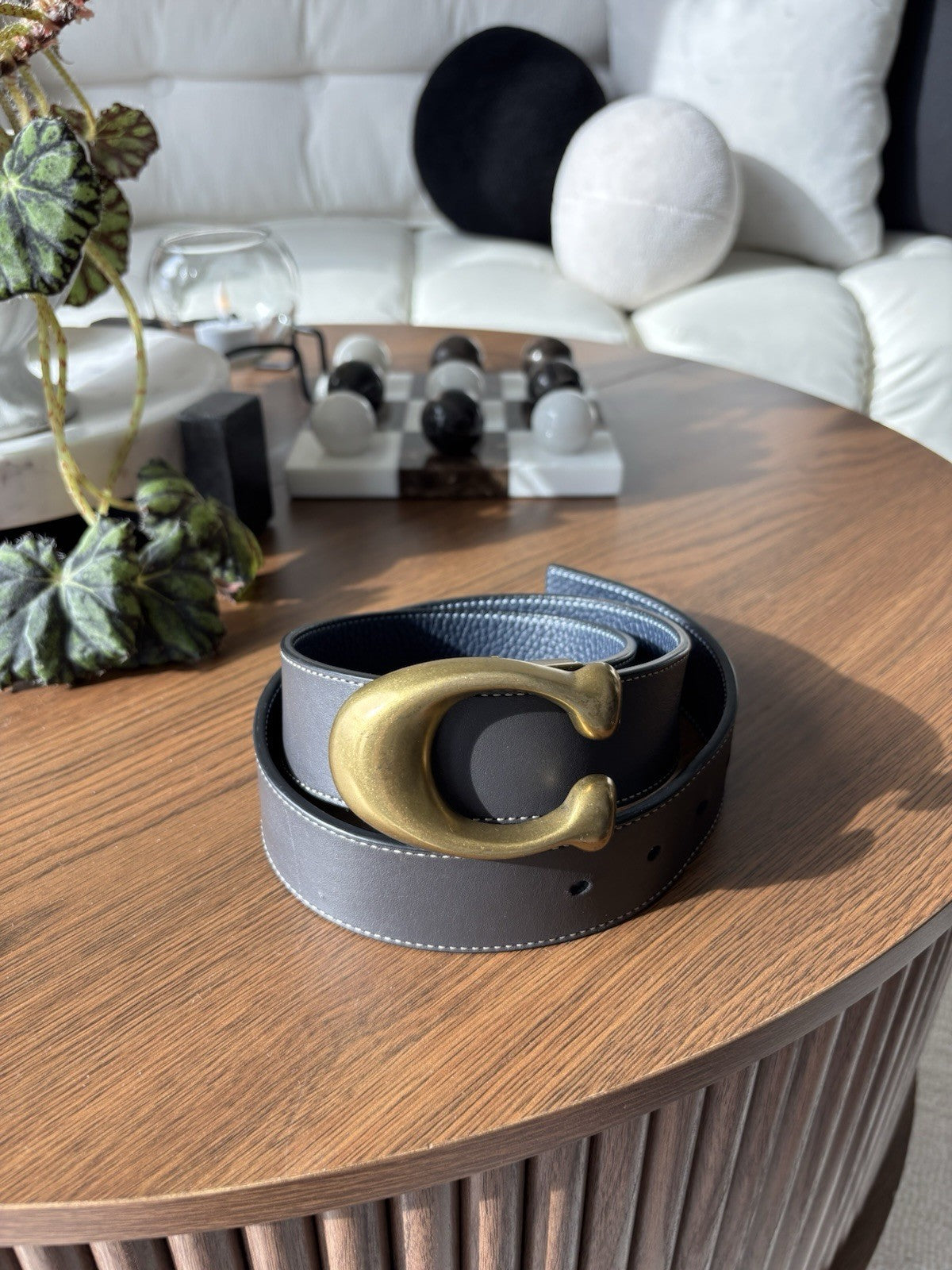 COACH Gold C Belt Reversible Navy Blue/ Grey Leather 38mm Sz 30-32 (Org $250)
