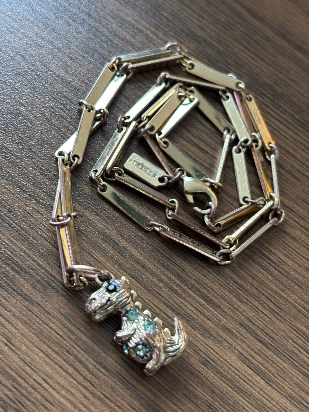 COACH Rare Rexy Dinosaur Pendant Necklace Gold Tone Crystal Bar Chain (org $150)