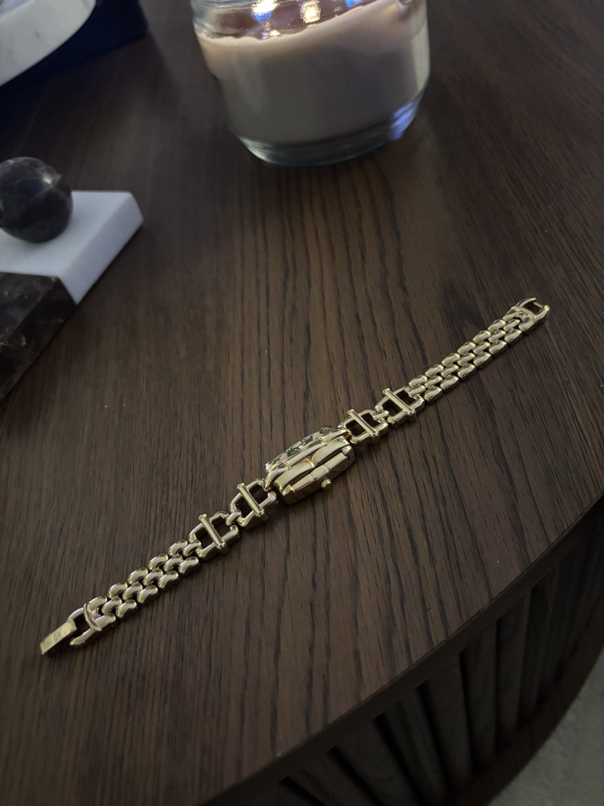 GRUEN Vintage Gold Tone Peekaboo Hidden Face Pearl Dial Slide Out Bracelet Watch