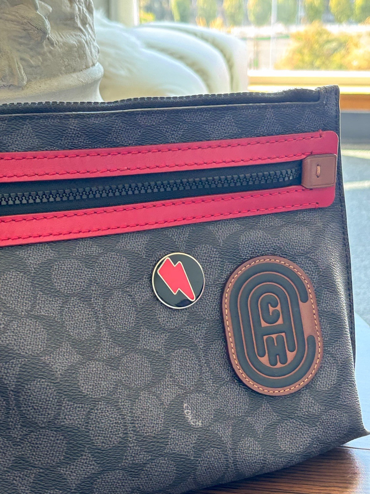 COACH Create Pin Banana/ Bolt Pins Accessory Toiletry Pouch Wristlet Red Leather