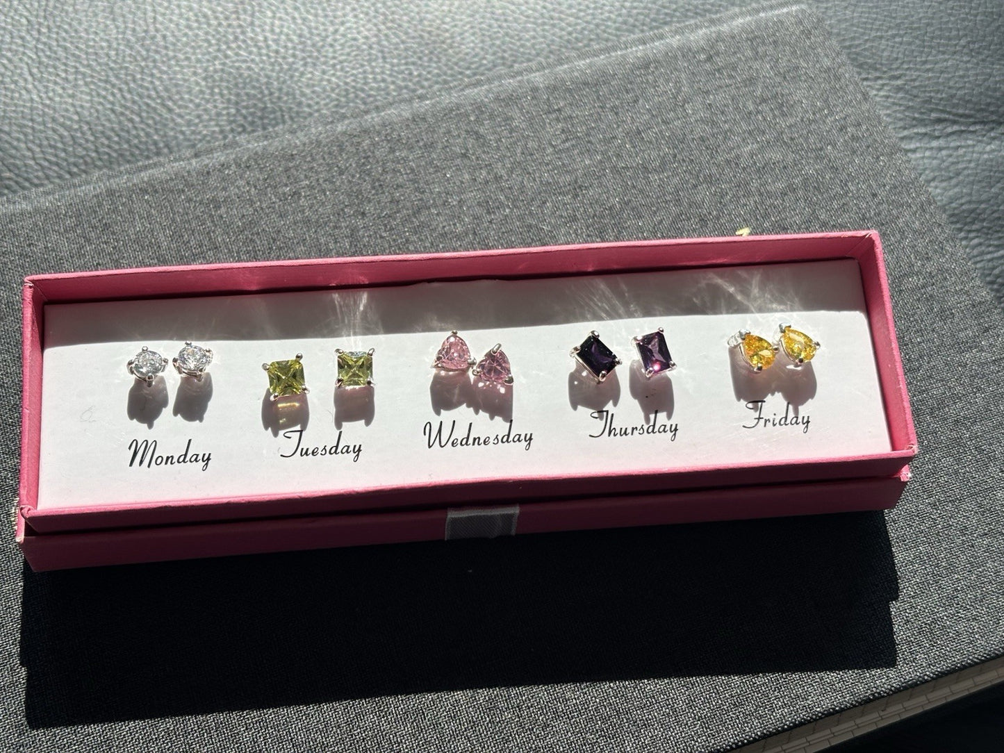 NWT AVON Days of the Week Cubic Zirconia Earrings Pink Purple Green Real Stones