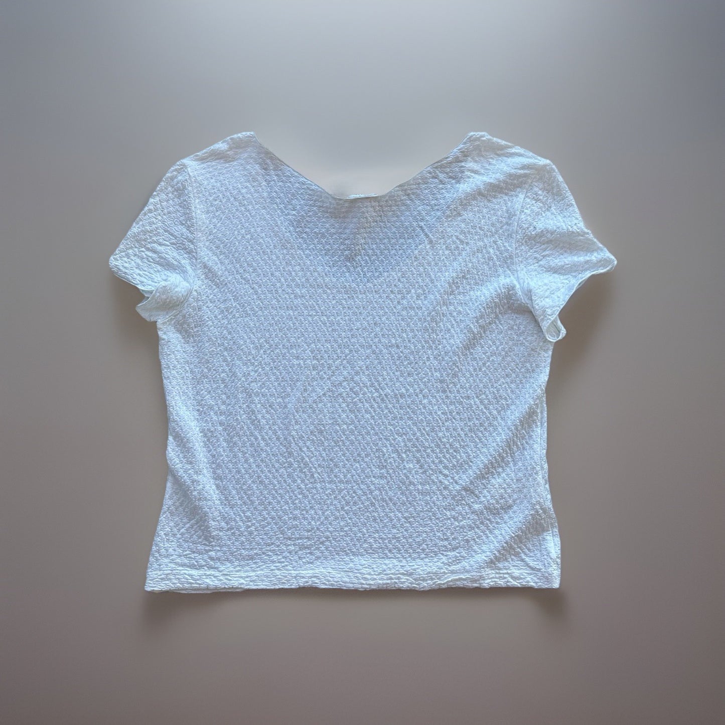 ARMANI Collezioni Italy White Textured V Neck Top Size 14 Stretch Knit Blouse