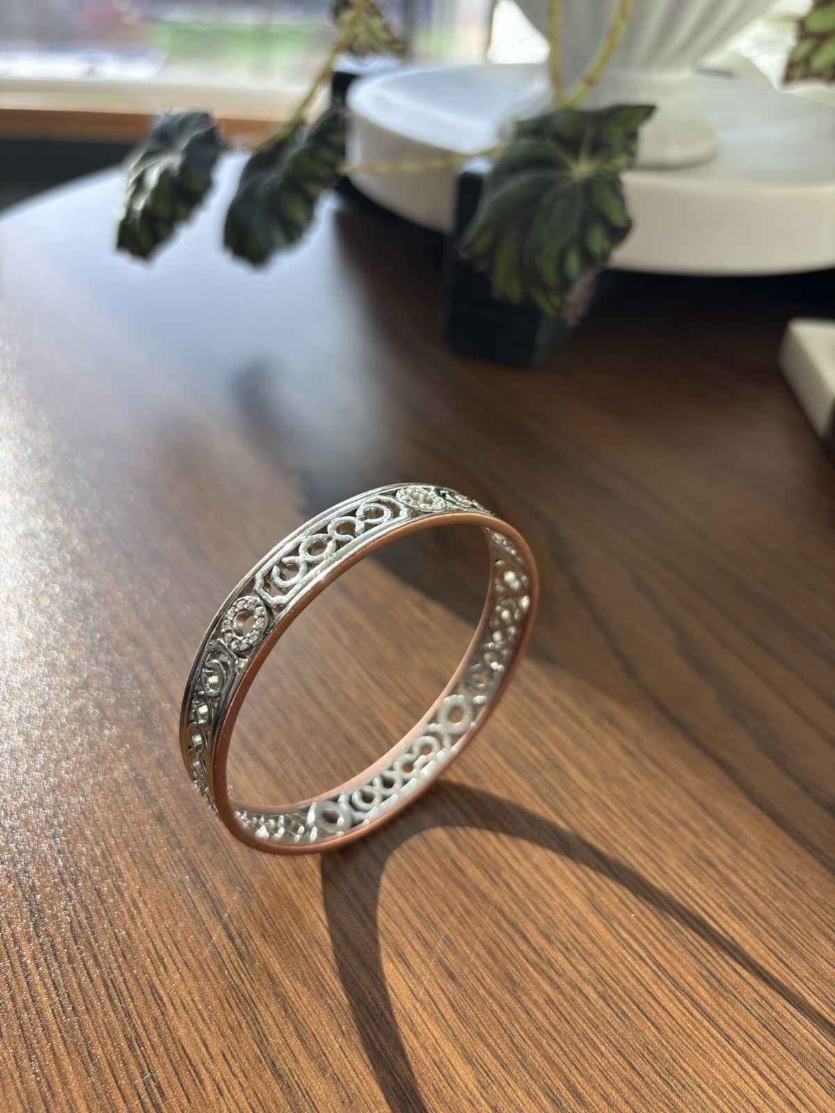 COACH 2004 Signature C Crystal Bangle Bracelet Silver Tone Openwork Rose Edge