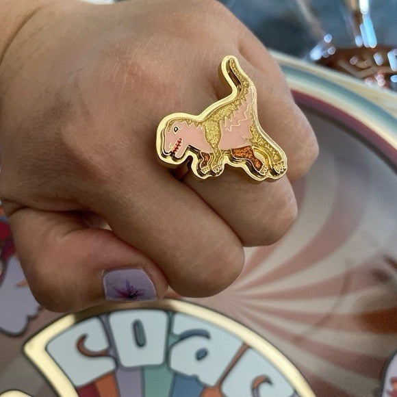 Rare Designer COACH X SEPHORA Collaboration Adjustable Pink Gold Rexy Dino Ring