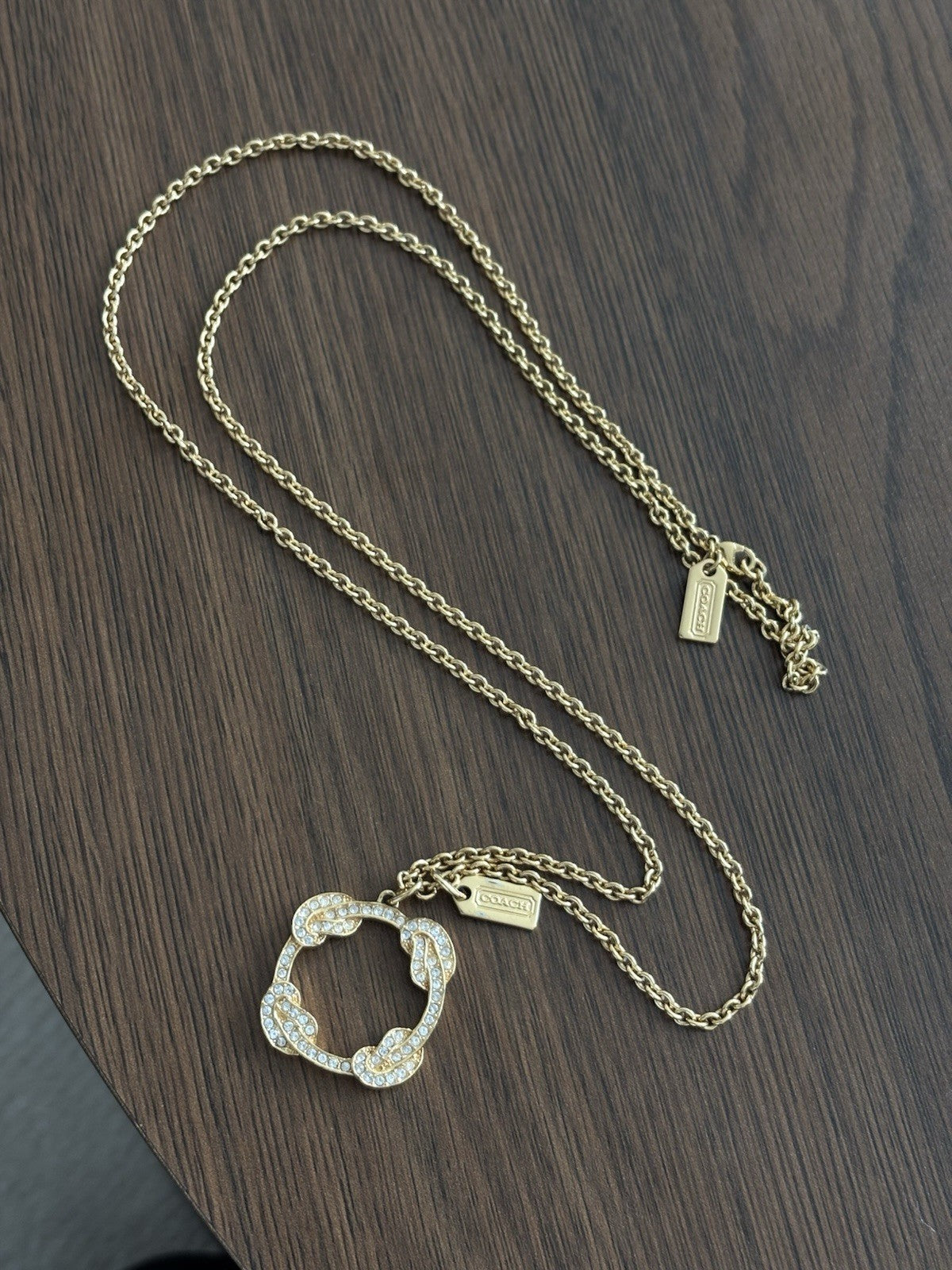 Cute Vintage COACH Gold Plated Pave Crystal Infinity Knot Pendant Necklace Long