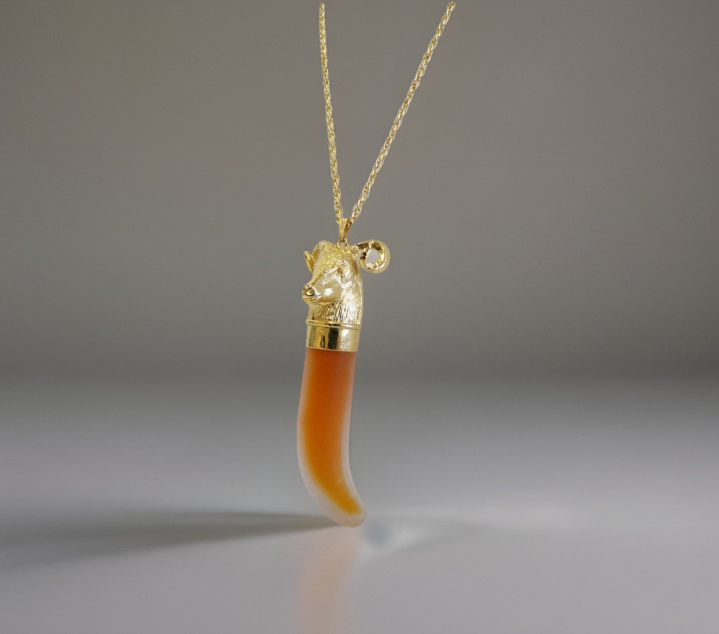 RARE 1970s Ciara Gold Ram Head Perfume Necklace Charles Revson Horn Bottle Chain