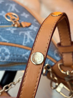 LV Print Crossbody Bag with Champagne Gold Hardware Light Blue Washed Denim
