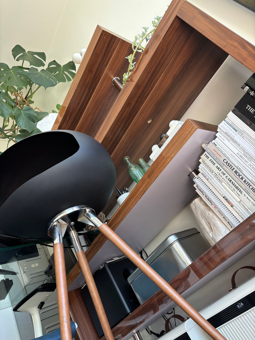 RACELOMA Modern Swivel Writing Desk Bookshelf Walnut Wood Glass/Chrome $1669