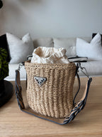 PRADA Milano Woven Raffia Straw Bucket Crossbody Bag Tan Braided Strap