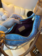 LV Print Crossbody Bag with Champagne Gold Hardware Light Blue Washed Denim