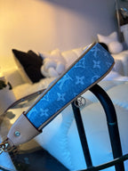 LV Print Crossbody Bag with Champagne Gold Hardware Light Blue Washed Denim