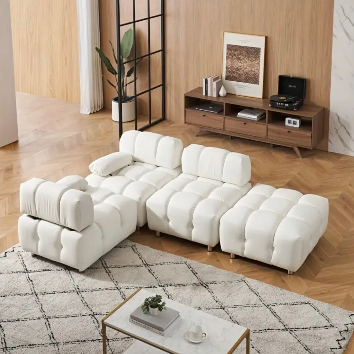 CLOUD Modular Sectional Sofa with Ottoman White Quilted Chrome Legs
