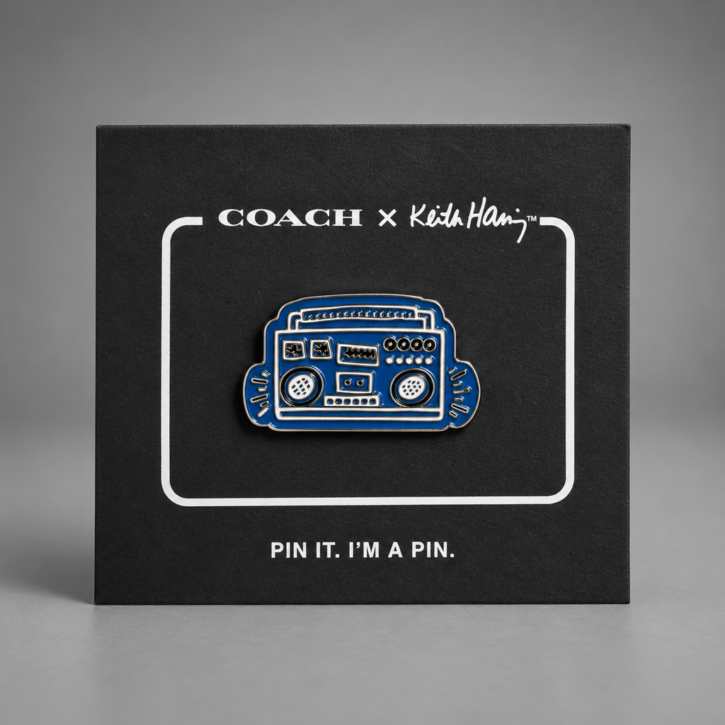 RARE Coach x Keith Haring Boombox Pin Brooch Blue Enamel Glitter Metal 29839