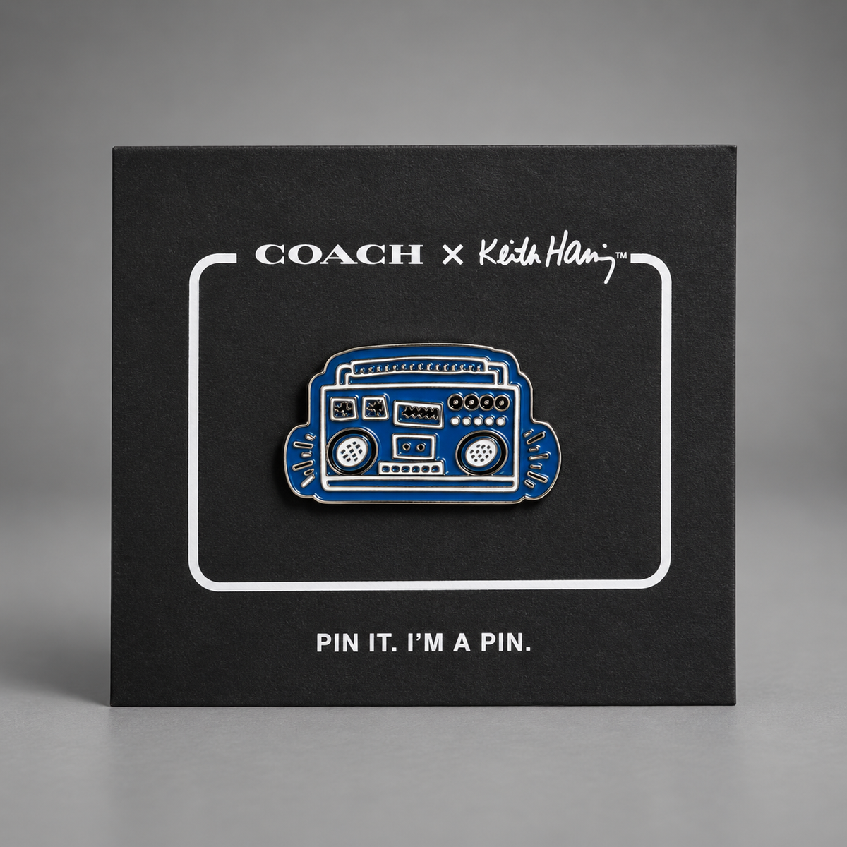 RARE Coach x Keith Haring Boombox Pin Brooch Blue Enamel Glitter Metal 29839