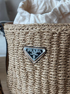 PRADA Milano Woven Raffia Straw Bucket Crossbody Bag Tan Braided Strap