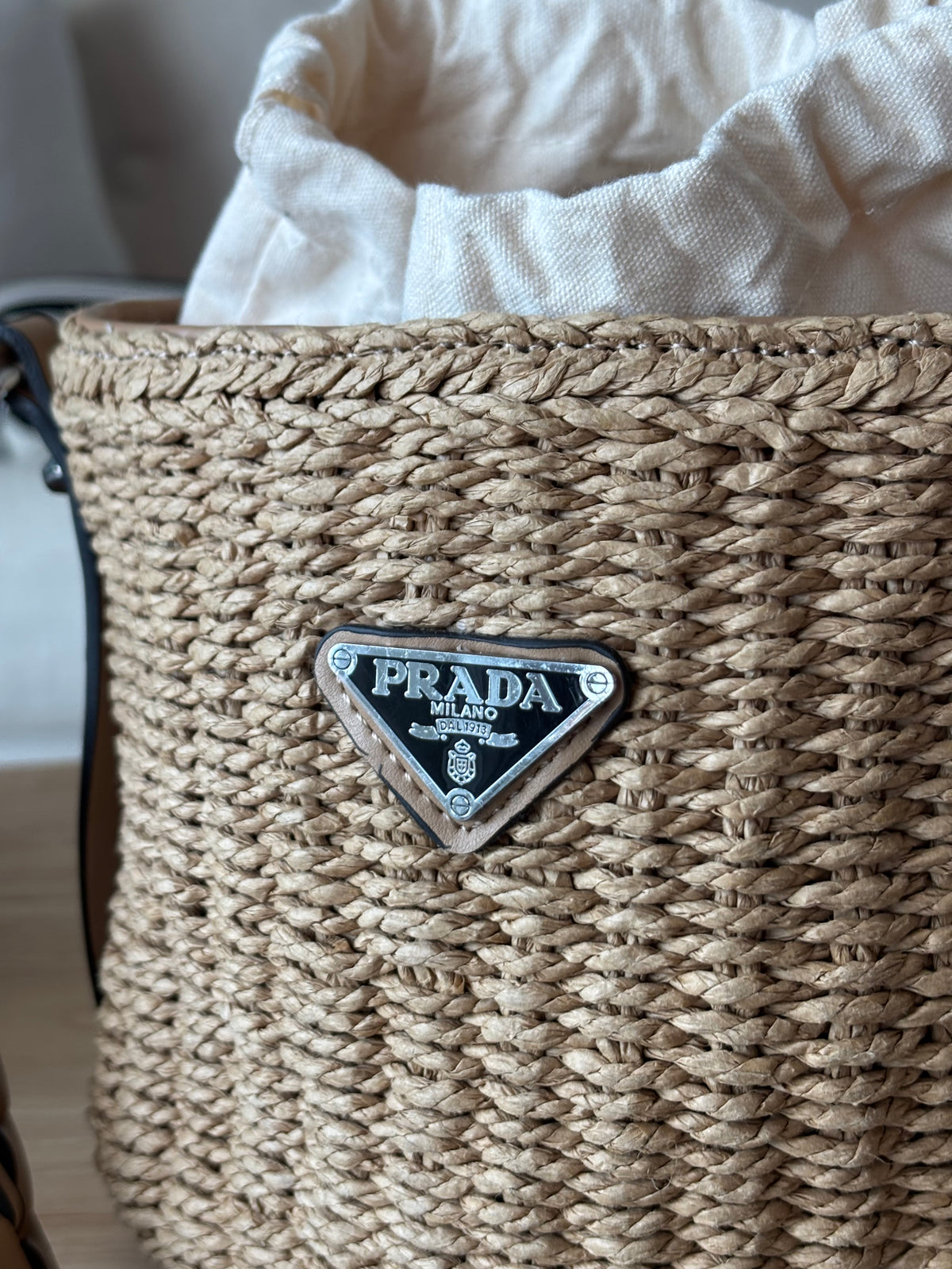 PRADA Milano Woven Raffia Straw Bucket Crossbody Bag Tan Braided Strap