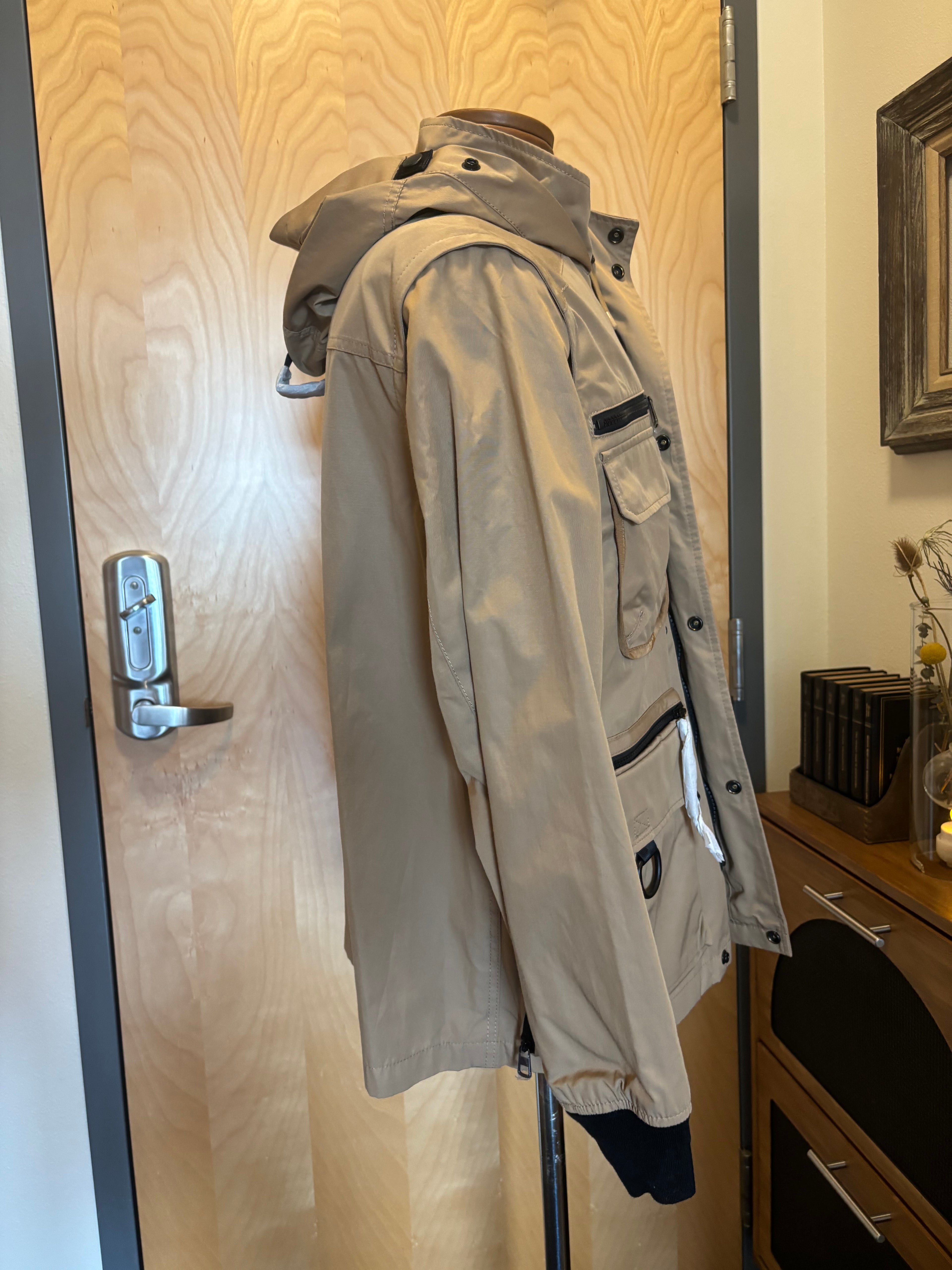 COACH Utility Jacket Khaki Tan Hooded Field Coat Leather Trim Pocket (org $695)