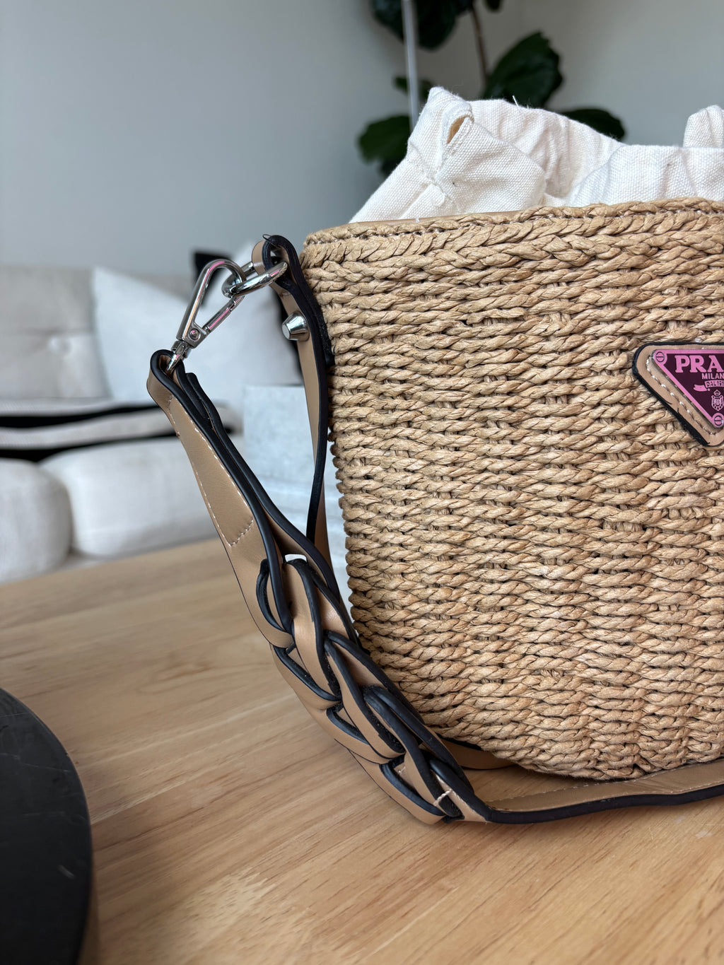PRADA Milano Woven Raffia Straw Bucket Crossbody Bag Tan Braided Strap