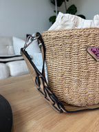 PRADA Milano Woven Raffia Straw Bucket Crossbody Bag Tan Braided Strap