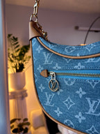 LV Print Crossbody Bag with Champagne Gold Hardware Light Blue Washed Denim