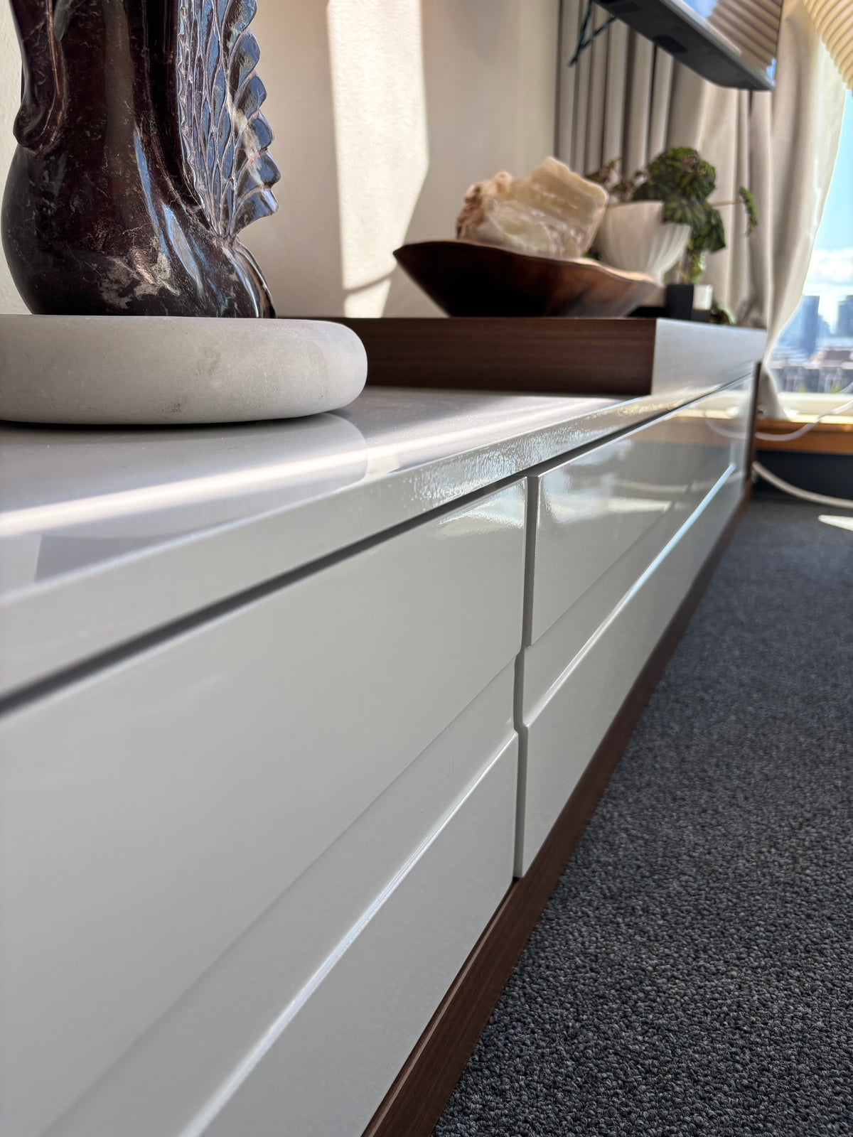 MODERN Adjustable TV Stand Media Console White Walnut Storage Extendable 82–110” (org $250)