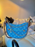 LV Print Crossbody Bag with Champagne Gold Hardware Light Blue Washed Denim