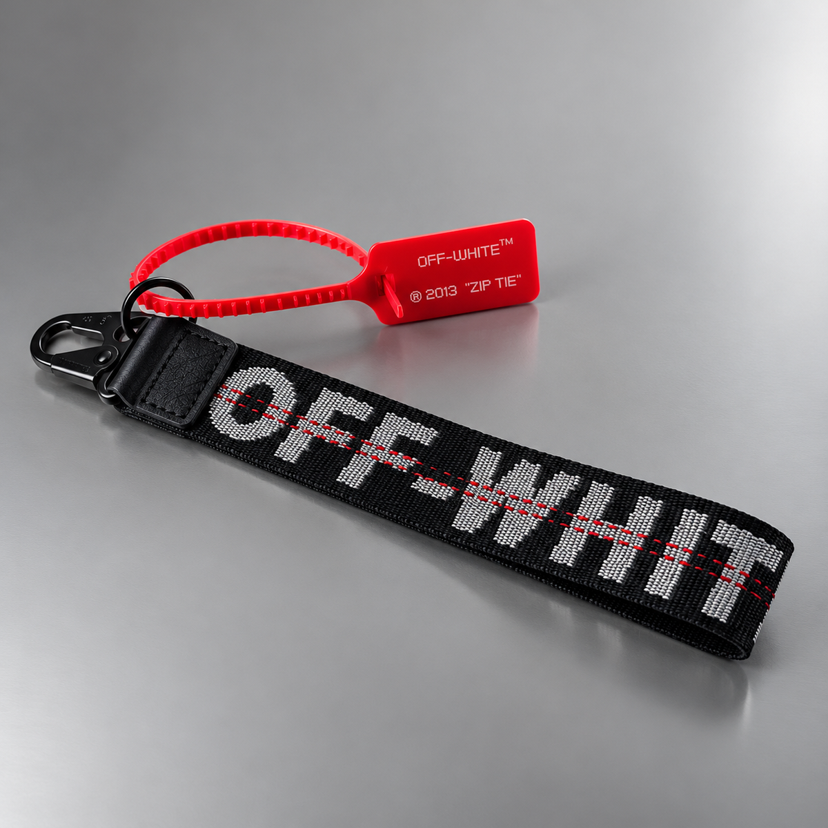 OFF-WHITE Industrial Keychain Black Logo Webbing Red Zip Tie Virgil Abloh