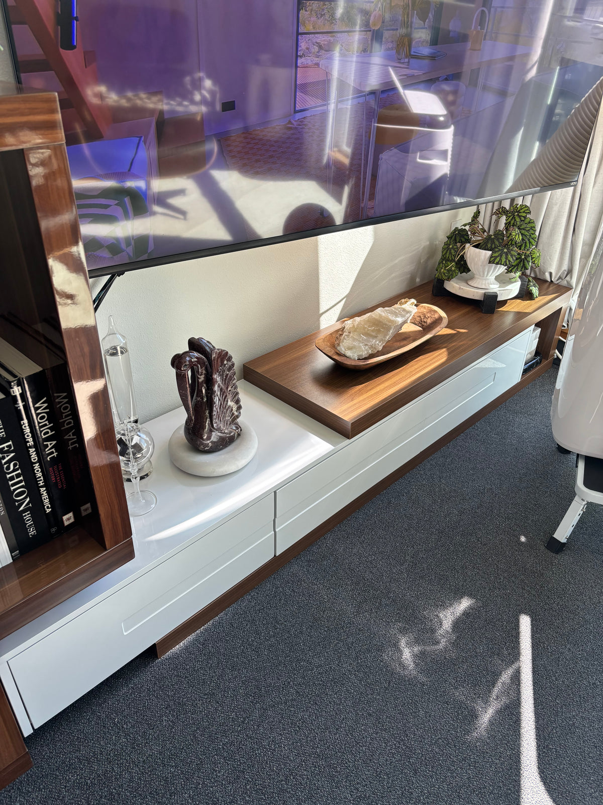 MODERN Adjustable TV Stand Media Console White Walnut Storage Extendable 82–110” (org $250)