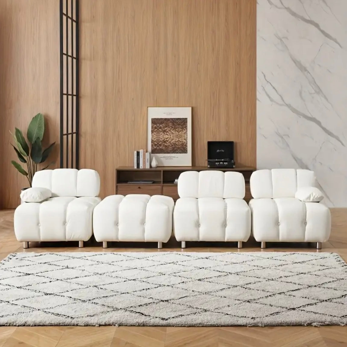 CLOUD Modular Sectional Sofa with Ottoman White Quilted Chrome Legs