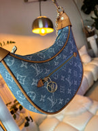 LV Print Crossbody Bag with Champagne Gold Hardware Light Blue Washed Denim