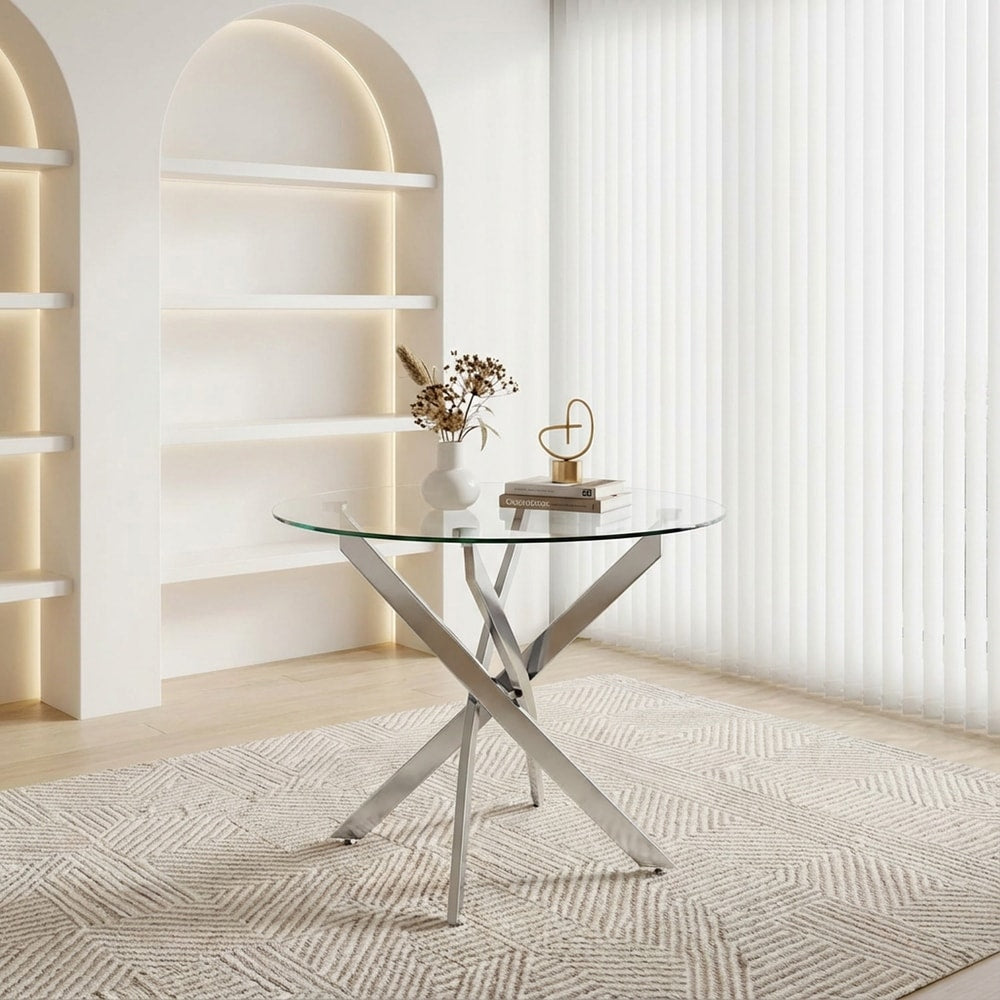 MODERN Chrome Round Glass Dining Table 35.5” Sculptural Base Contemporary Decor