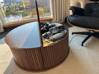 MCM Round Oak Wood Coffee Table 31.5” Fluted Storage Lift Top Hidden Drawer Modern
