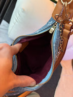 LV Print Crossbody Bag with Champagne Gold Hardware Light Blue Washed Denim