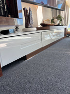 MODERN Adjustable TV Stand Media Console White Walnut Storage Extendable 82–110” (org $250)