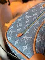 LV Print Crossbody Bag with Champagne Gold Hardware Light Blue Washed Denim