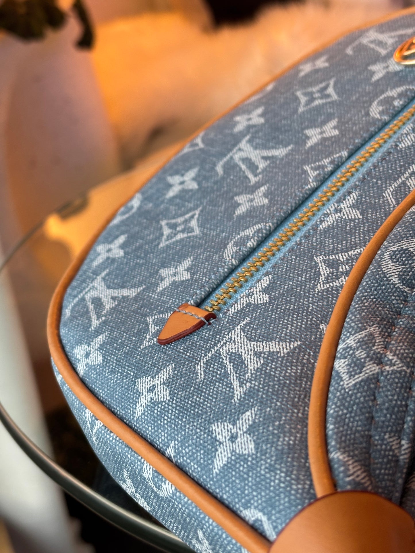 LV Print Crossbody Bag with Champagne Gold Hardware Light Blue Washed Denim