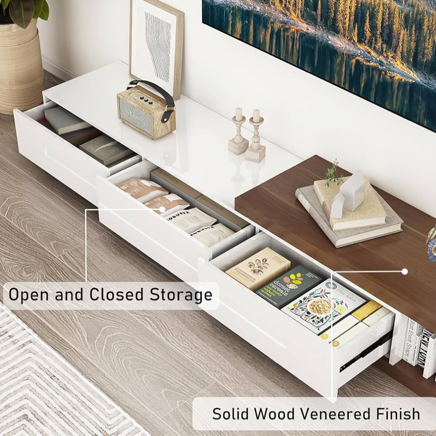 MODERN Adjustable TV Stand Media Console White Walnut Storage Extendable 82–110” (org $250)