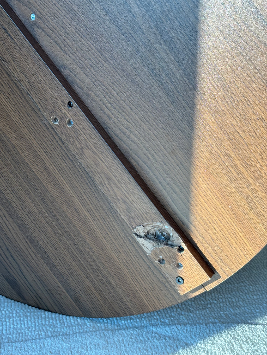 MCM Round Oak Wood Coffee Table 31.5” Fluted Storage Lift Top Hidden Drawer Modern