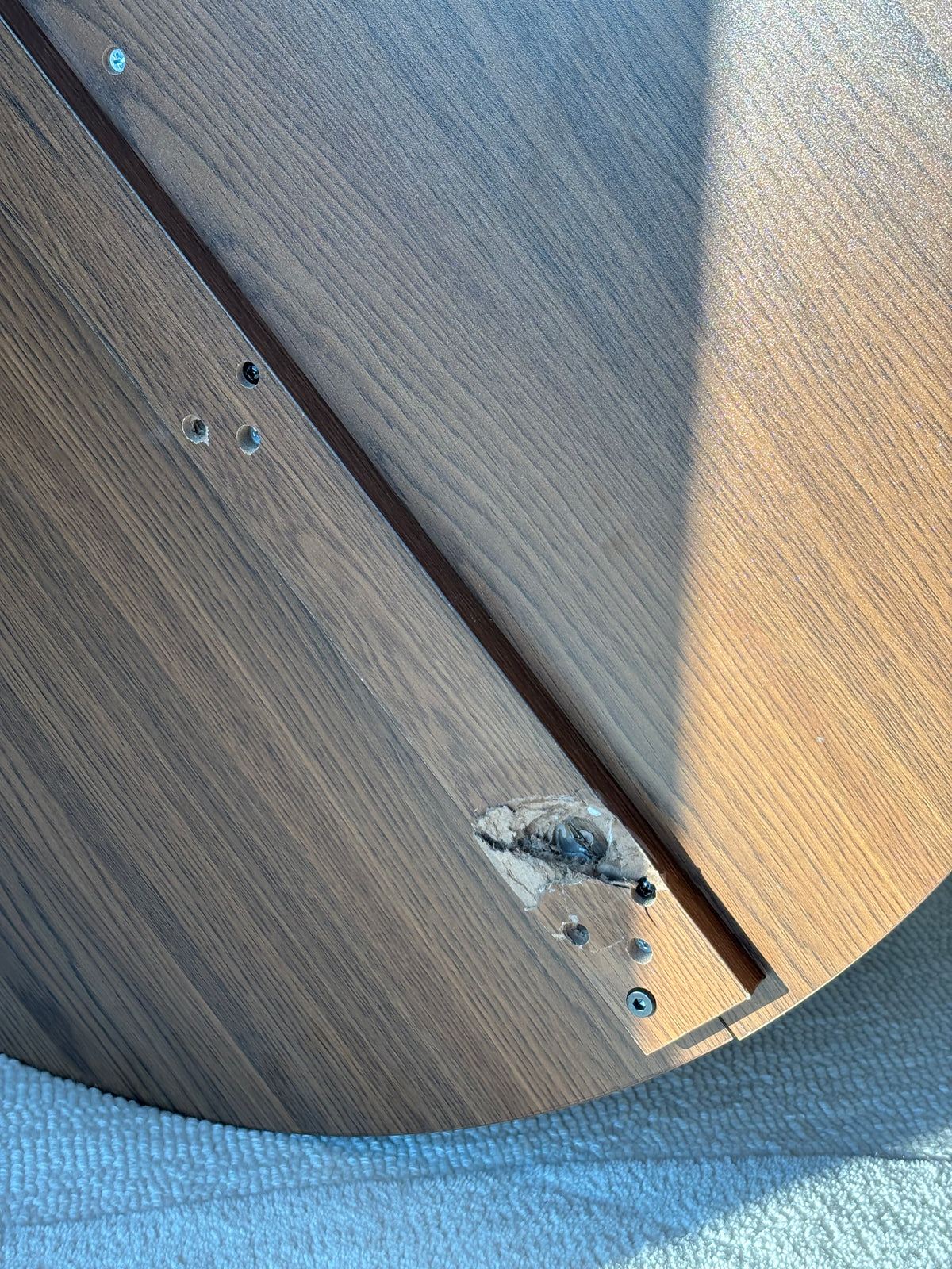 MCM Round Oak Wood Coffee Table 31.5” Fluted Storage Lift Top Hidden Drawer Modern