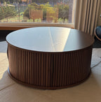 MCM Round Oak Wood Coffee Table 31.5” Fluted Storage Lift Top Hidden Drawer Modern