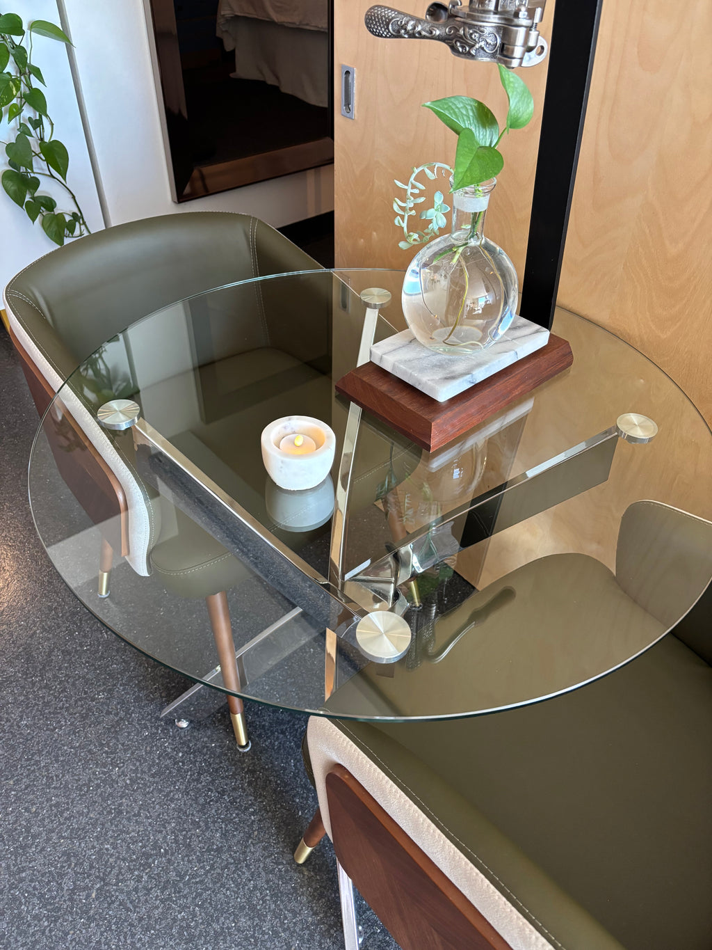 MODERN Chrome Round Glass Dining Table 35.5” Sculptural Base Contemporary Decor