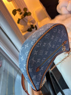 LV Print Crossbody Bag with Champagne Gold Hardware Light Blue Washed Denim