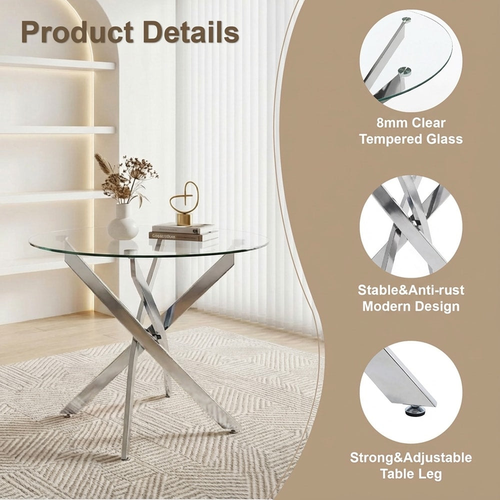 MODERN Chrome Round Glass Dining Table 35.5” Sculptural Base Contemporary Decor