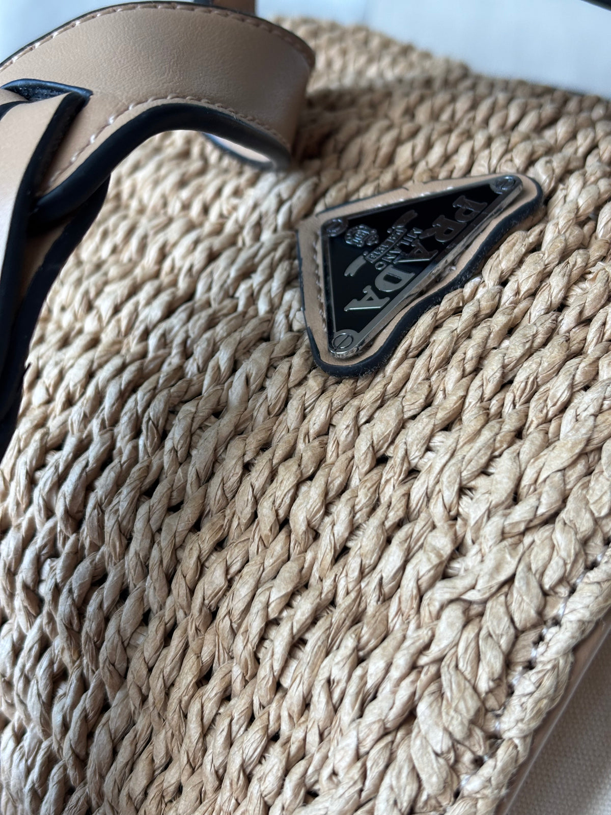 PRADA Milano Woven Raffia Straw Bucket Crossbody Bag Tan Braided Strap