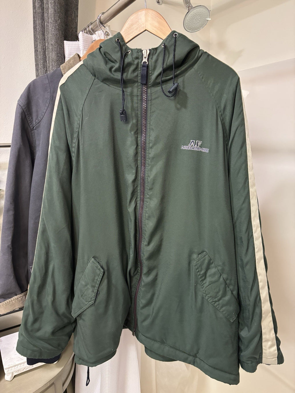 VINTAGE 1990 Abercrombie & Fitch Windbreaker Jacket Green Varsity Stripe Hood XL