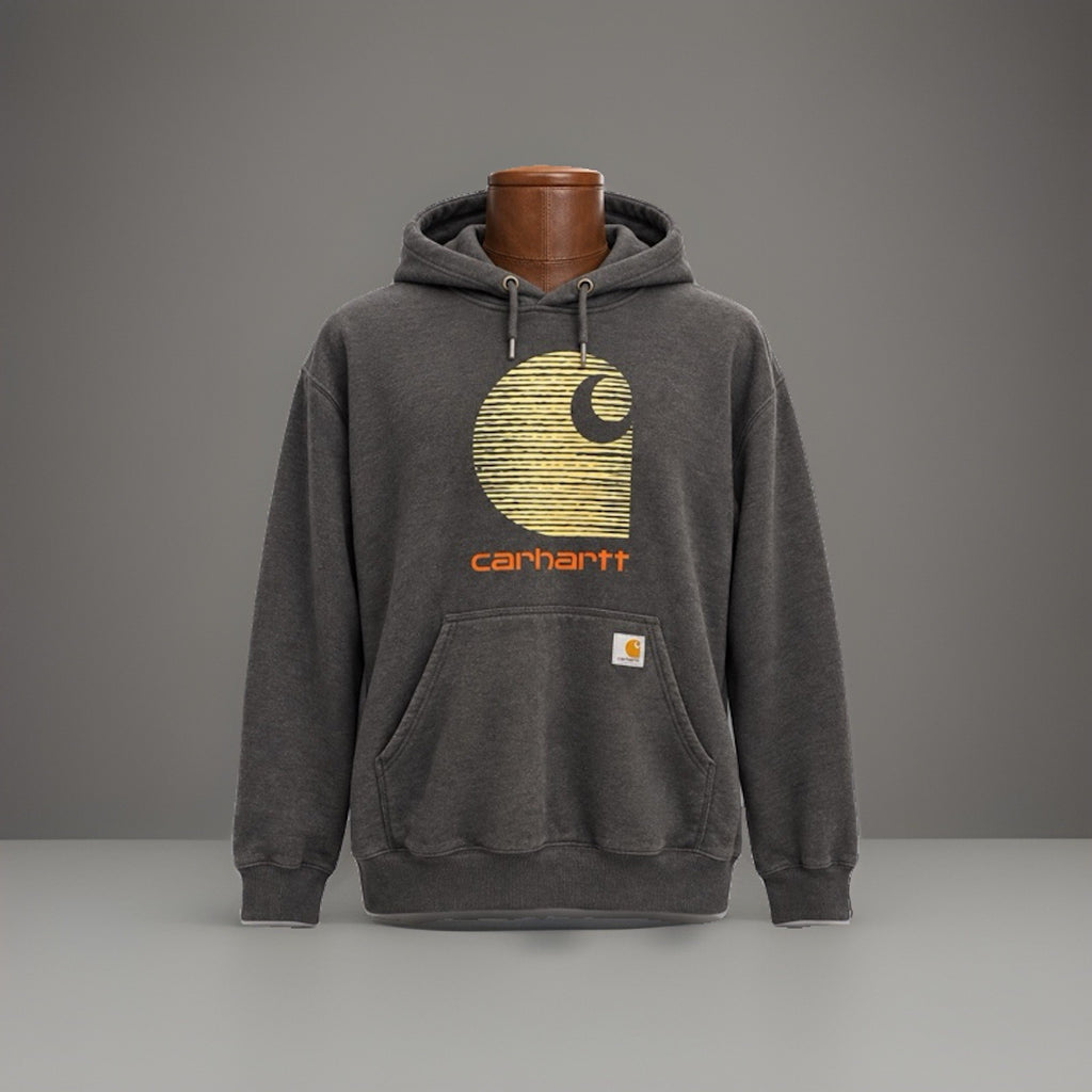 CARHARTT Rain Defender Hoodie Sweatshirt Heavyweight Grey Mens XL Orange Logo