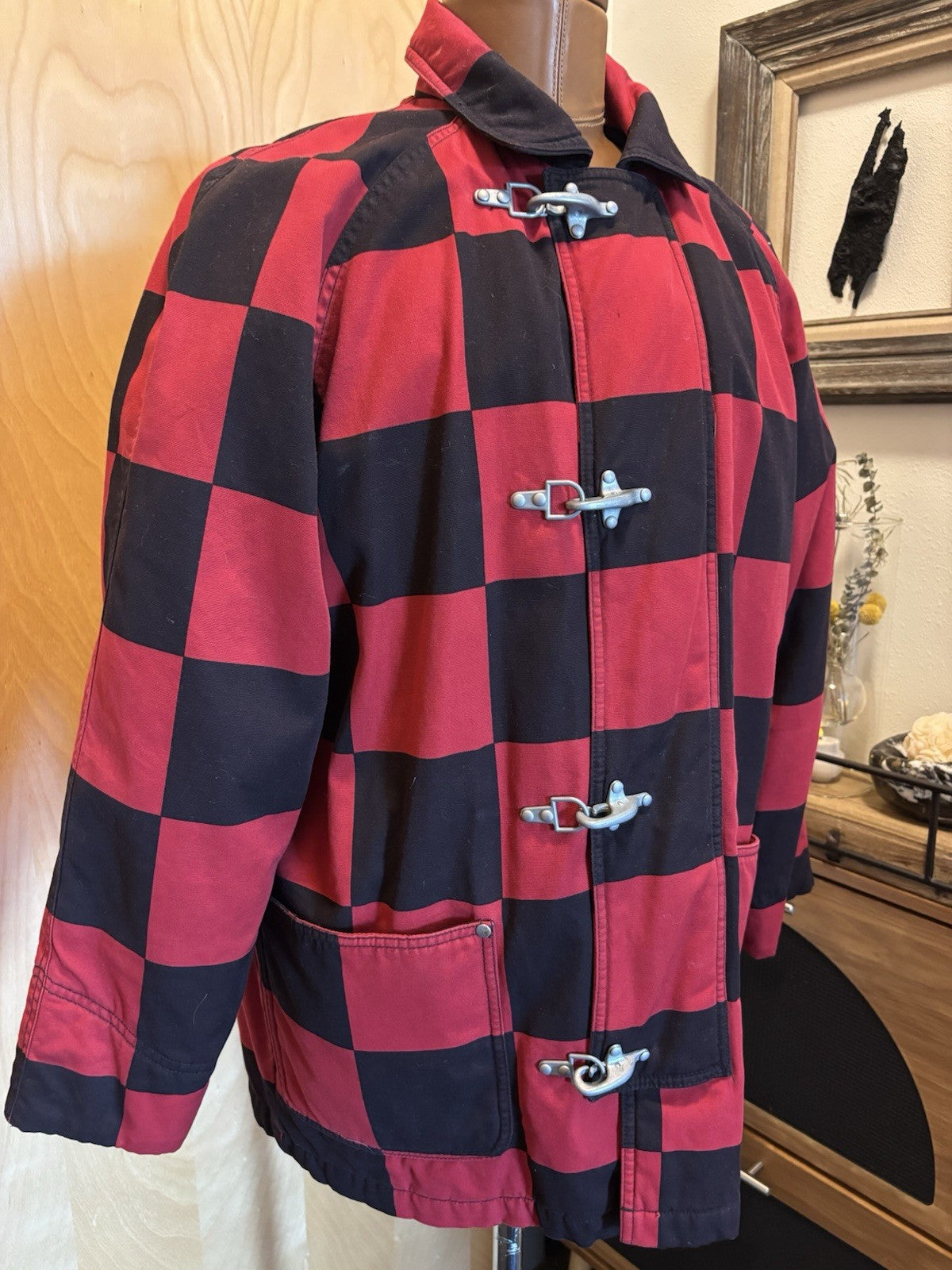 ESPRIT 1990’s Vintage Red/Black Checkered Toggle Coat Jacket 100% Cotton Medium