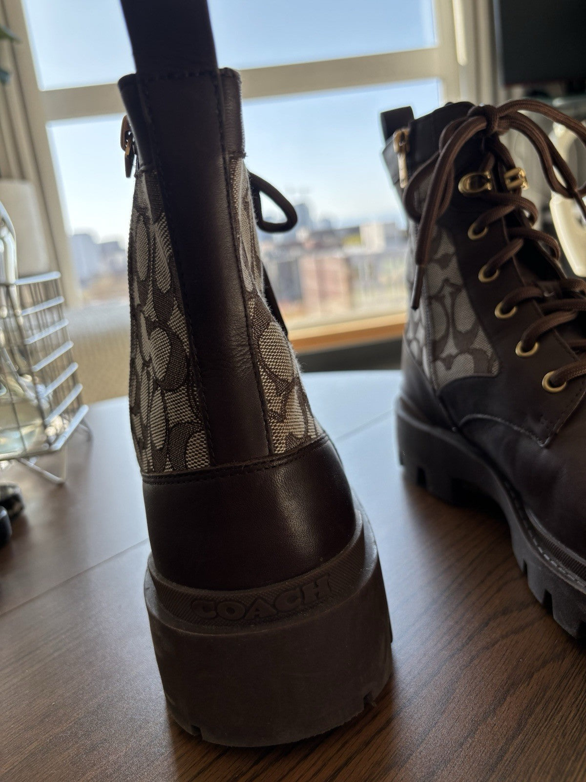 COACH Citysole Boots Men Sz 10.5 Brown Combat Leather Signature Logo (org $350)