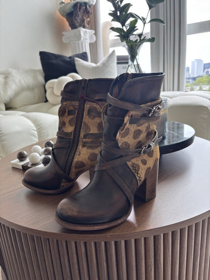 NEW Freebird STEVEN BAKER Zip Boots Brown Leopard Print Pony Hair Belted Women 8